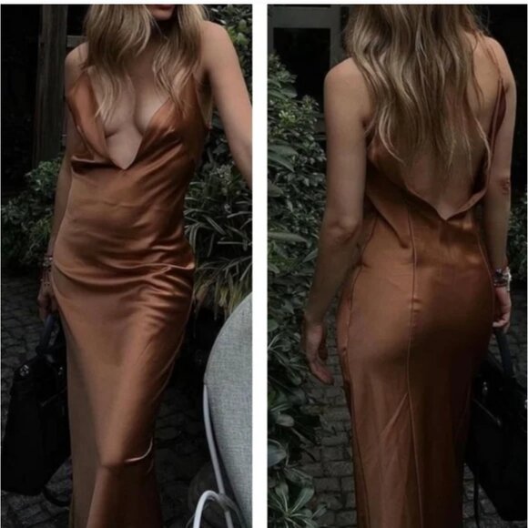 Zara Satin Plunge Backless Cocktail Dress in Copper Honey Brown - Picture 2 of 7